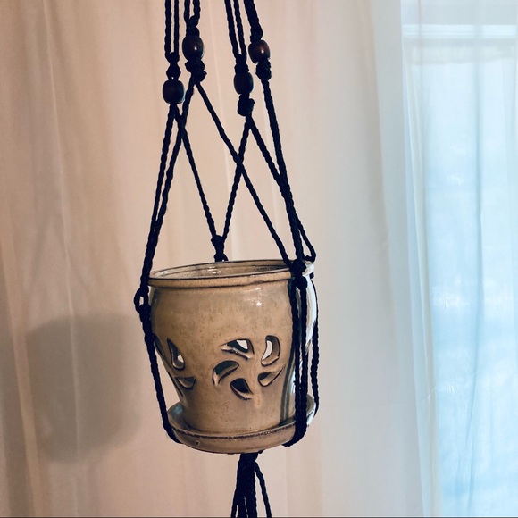 Plant Hanger Macrame Braids Knots Beads Black Dark Brown Wooden Bead Accents - Picture 3 of 6